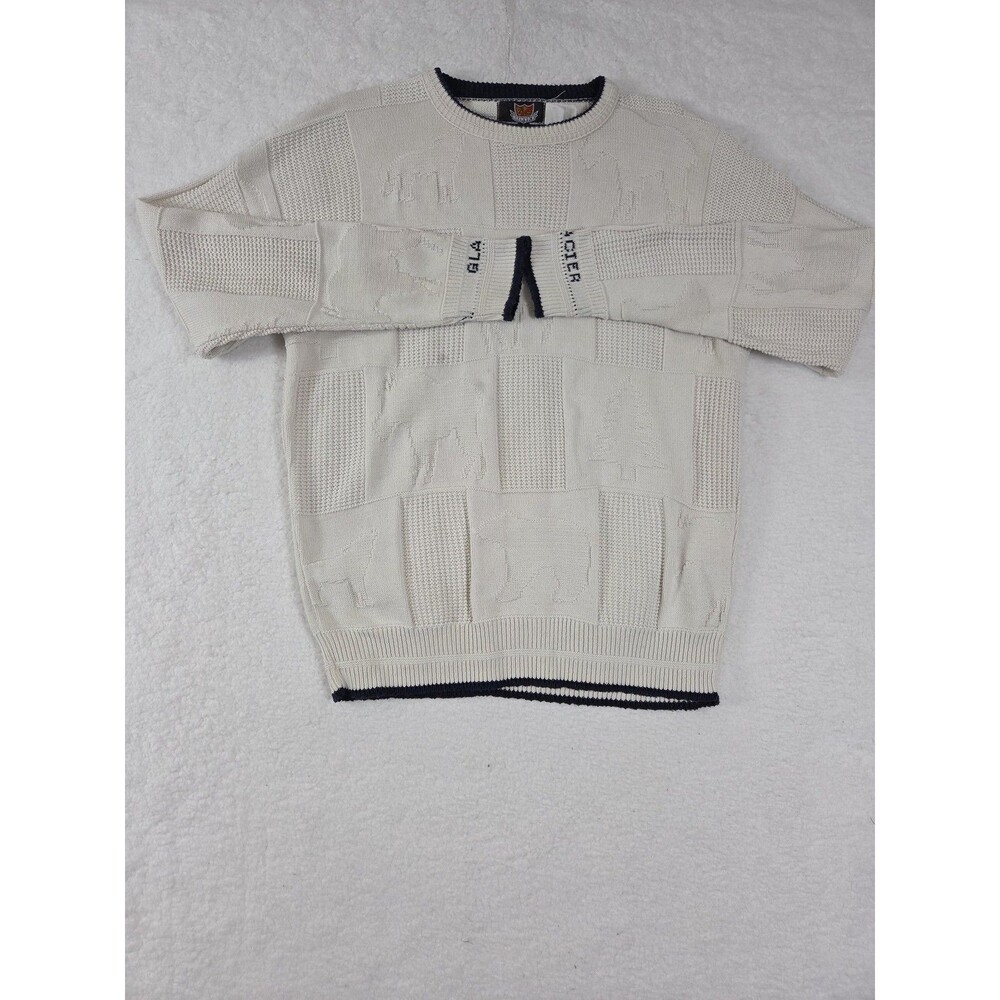 Vtg Brimwick Sweater Mens L White Glacier Animal Knit Wolf Bear Crewneck USA